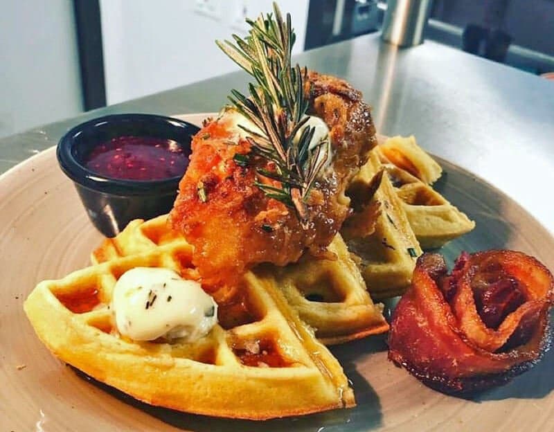 Chicken and waffles at Solutions Lounge & Restaurant Larimer Square Denver CO